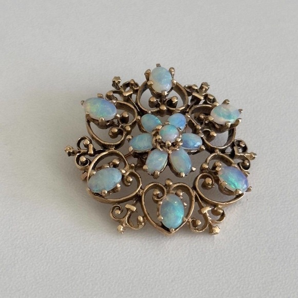 Vintage 14K Yellow Gold Opal Flower Heart Filigree Scroll Pendant Brooch Pin - Picture 3 of 10